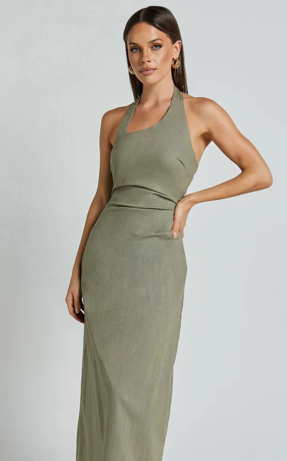 Showpo Lindley Midi Dress 8211 Halter Neck Linen Look Dress In Olive Women Dresses