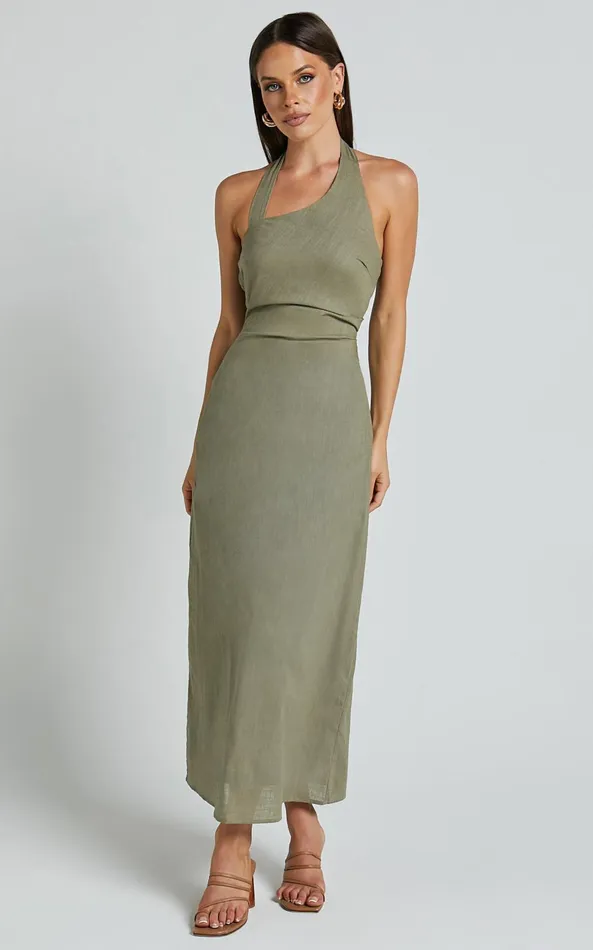 Showpo Lindley Midi Dress 8211 Halter Neck Linen Look Dress In Olive Women Dresses