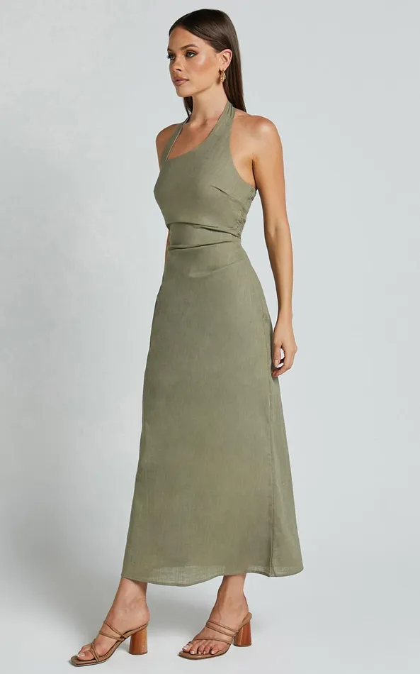 Showpo Lindley Midi Dress 8211 Halter Neck Linen Look Dress In Olive Women Dresses