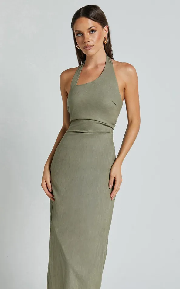 Showpo Lindley Midi Dress 8211 Halter Neck Linen Look Dress In Olive Women Dresses