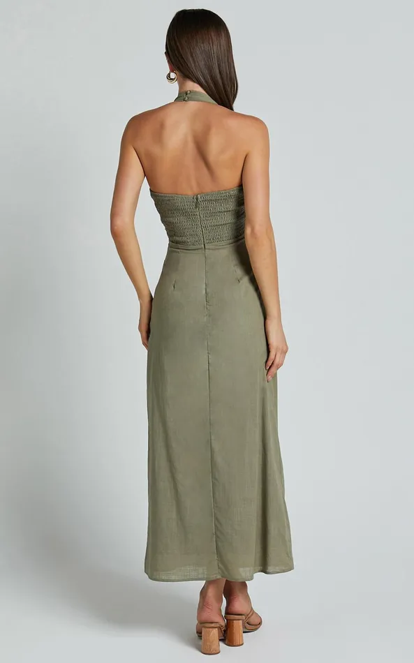 Showpo Lindley Midi Dress 8211 Halter Neck Linen Look Dress In Olive Women Dresses