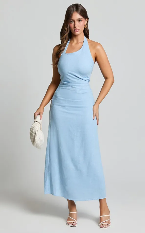 Showpo Lindley Midi Dress 8211 Halter Neck Linen Look Dress In Soft Blue Women Dresses Showpo Lindley Midi Dress 8211 Halter Neck Linen Look Dress In Soft Blue Women Dresses