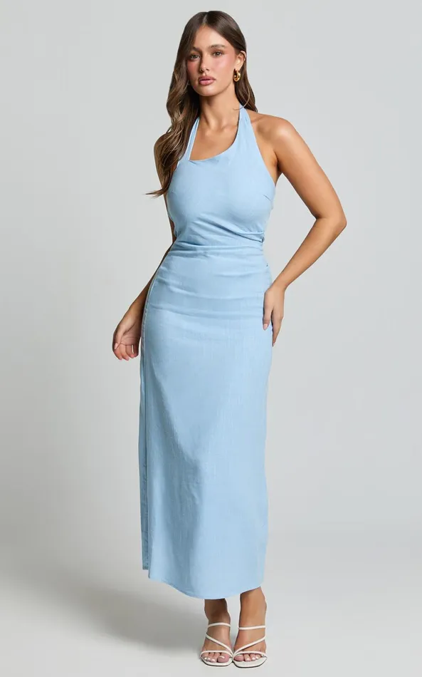 Showpo Lindley Midi Dress 8211 Halter Neck Linen Look Dress In Soft Blue Women Dresses