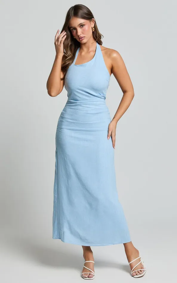 Showpo Lindley Midi Dress 8211 Halter Neck Linen Look Dress In Soft Blue Women Dresses