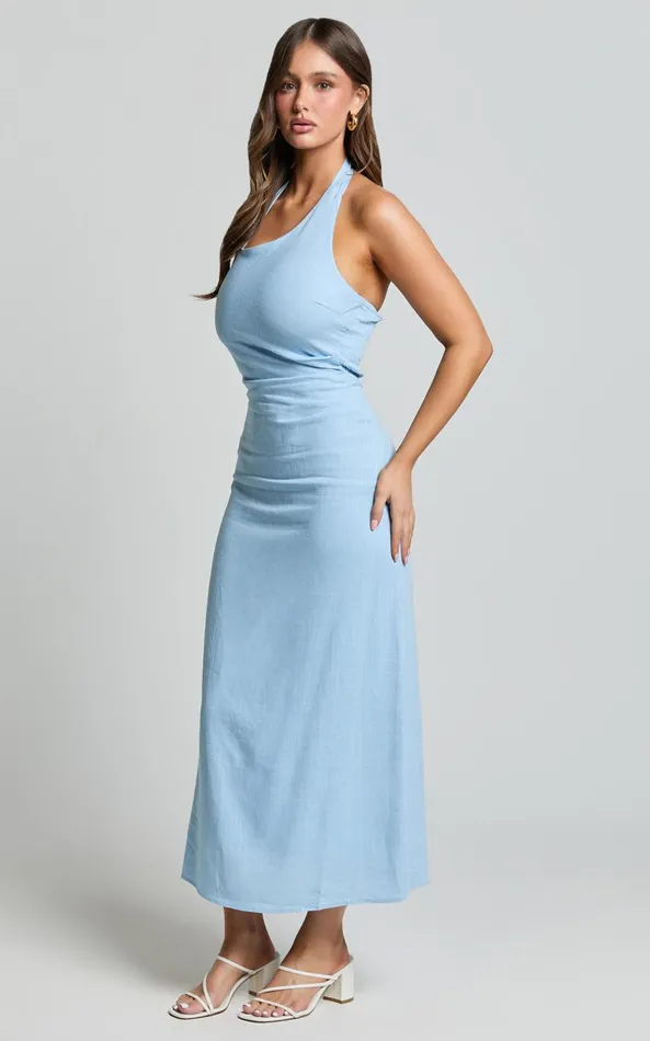 Showpo Lindley Midi Dress 8211 Halter Neck Linen Look Dress In Soft Blue Women Dresses