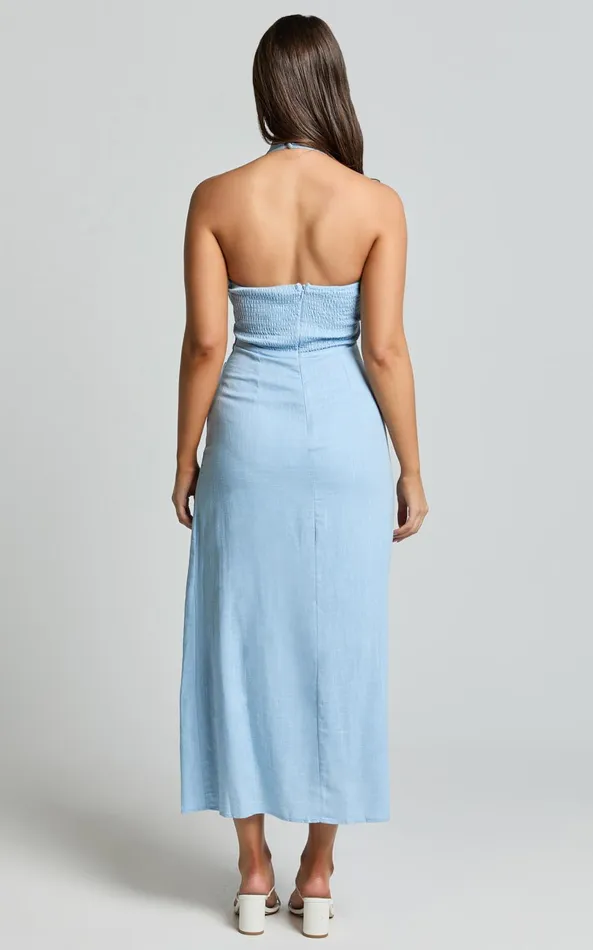 Showpo Lindley Midi Dress 8211 Halter Neck Linen Look Dress In Soft Blue Women Dresses