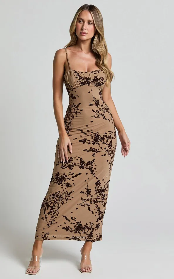 Showpo Lindsay Midi Dress 8211 Ruched Chest Velvet Burnout Slip Dress In Brown Floral Women Dresses