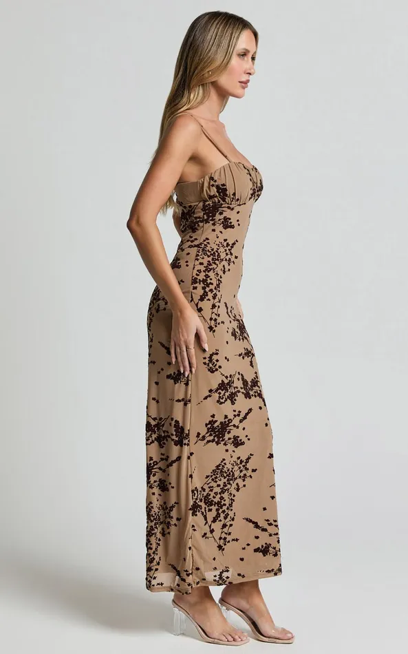 Showpo Lindsay Midi Dress 8211 Ruched Chest Velvet Burnout Slip Dress In Brown Floral Women Dresses