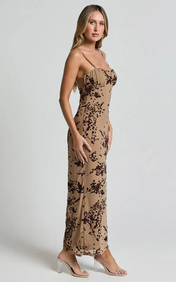 Showpo Lindsay Midi Dress 8211 Ruched Chest Velvet Burnout Slip Dress In Brown Floral Women Dresses