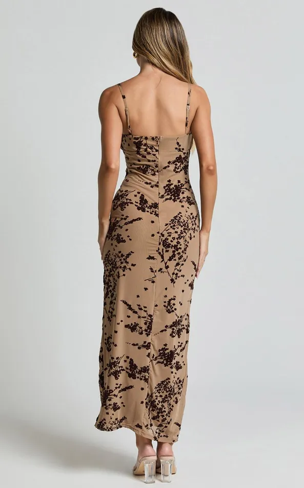 Showpo Lindsay Midi Dress 8211 Ruched Chest Velvet Burnout Slip Dress In Brown Floral Women Dresses