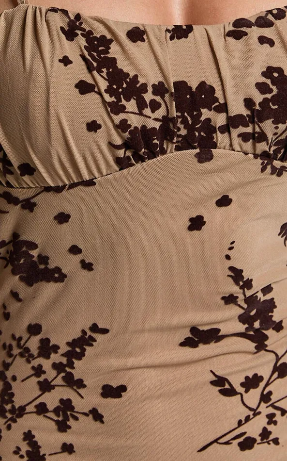 Showpo Lindsay Midi Dress 8211 Ruched Chest Velvet Burnout Slip Dress In Brown Floral Women Dresses