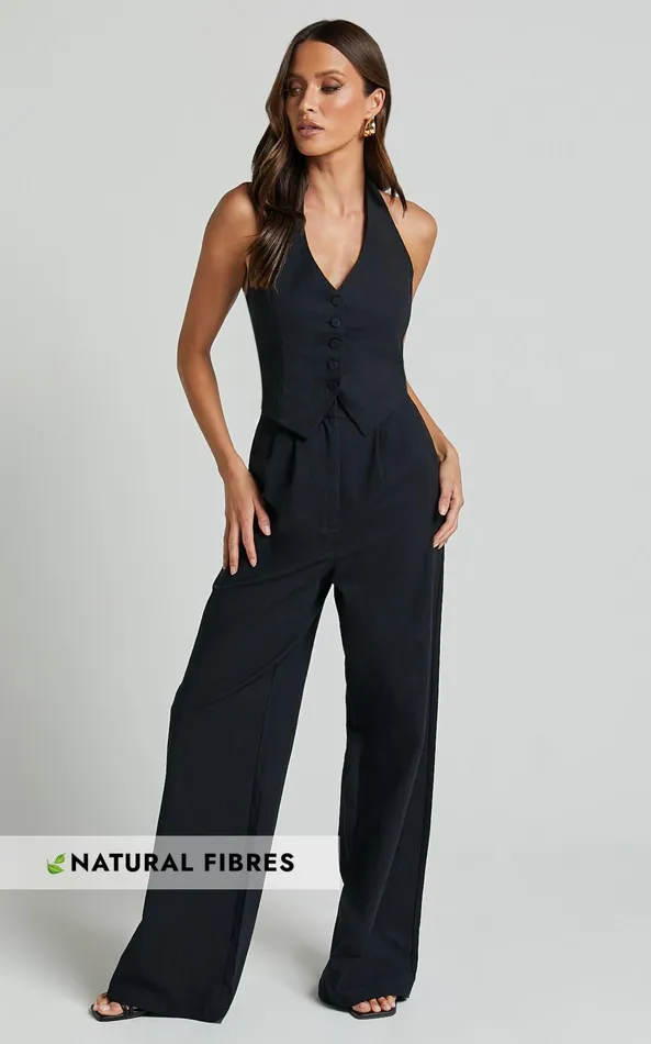 Showpo Linette Jumpsuit 8211 Halter Neck Button Through Vest Tailored Wide Leg Jumpsuit In Black Women Shop Conscious Showpo Linette Jumpsuit 8211 Halter Neck Button Through Vest Tailored Wide Leg Jumpsuit In Black Women Shop Conscious