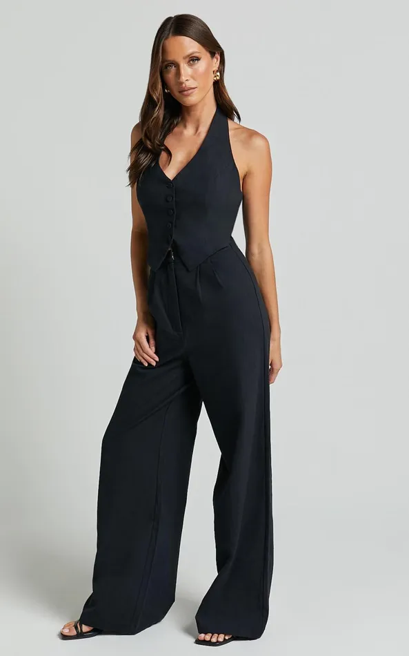 Showpo Linette Jumpsuit 8211 Halter Neck Button Through Vest Tailored Wide Leg Jumpsuit In Black Women Shop Conscious
