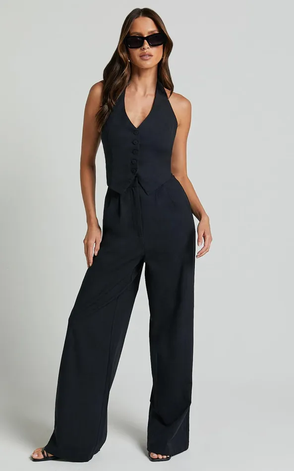 Showpo Linette Jumpsuit 8211 Halter Neck Button Through Vest Tailored Wide Leg Jumpsuit In Black Women Shop Conscious