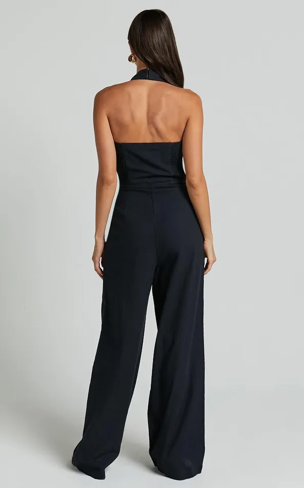 Showpo Linette Jumpsuit 8211 Halter Neck Button Through Vest Tailored Wide Leg Jumpsuit In Black Women Shop Conscious