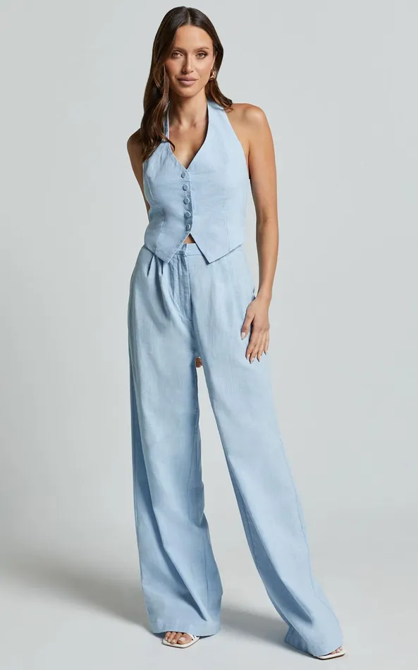 Showpo Linette Jumpsuit 8211 Halter Neck Button Through Vest Tailored Wide Leg Jumpsuit In Light Blue Women Shop Conscious