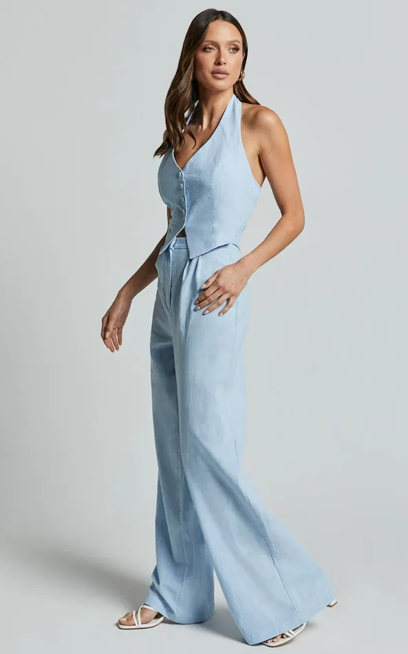 Showpo Linette Jumpsuit 8211 Halter Neck Button Through Vest Tailored Wide Leg Jumpsuit In Light Blue Women Shop Conscious
