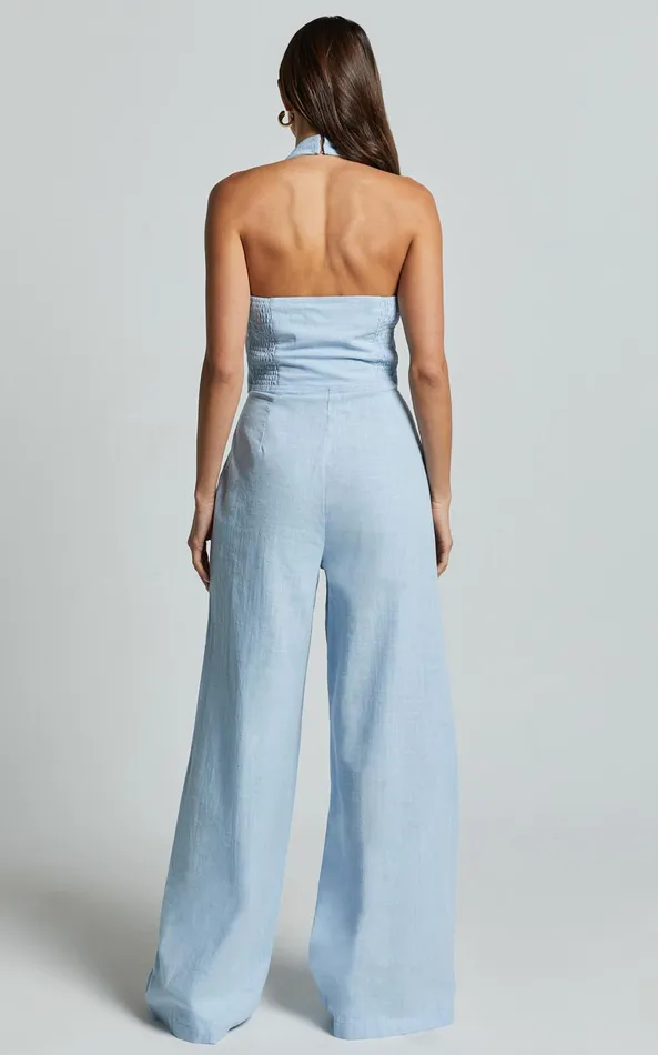 Showpo Linette Jumpsuit 8211 Halter Neck Button Through Vest Tailored Wide Leg Jumpsuit In Light Blue Women Shop Conscious