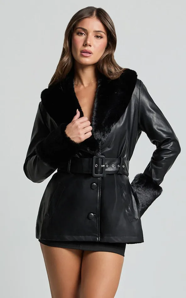 Showpo Lioness 8211 Brooklyn Short PU With Fur Trim Coat In Onyx Women Jackets and Coats Showpo Lioness 8211 Brooklyn Short PU With Fur Trim Coat In Onyx Women Jackets and Coats