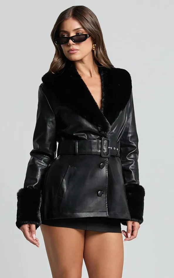 Showpo Lioness 8211 Brooklyn Short PU With Fur Trim Coat In Onyx Women Jackets and Coats Showpo Lioness 8211 Brooklyn Short PU With Fur Trim Coat In Onyx Women Jackets and Coats