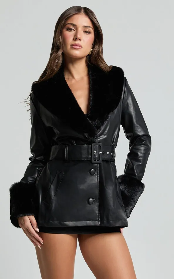 Showpo Lioness 8211 Brooklyn Short PU With Fur Trim Coat In Onyx Women Jackets and Coats Showpo Lioness 8211 Brooklyn Short PU With Fur Trim Coat In Onyx Women Jackets and Coats