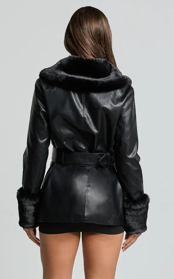 Showpo Lioness 8211 Brooklyn Short PU With Fur Trim Coat In Onyx Women Jackets and Coats Showpo Lioness 8211 Brooklyn Short PU With Fur Trim Coat In Onyx Women Jackets and Coats