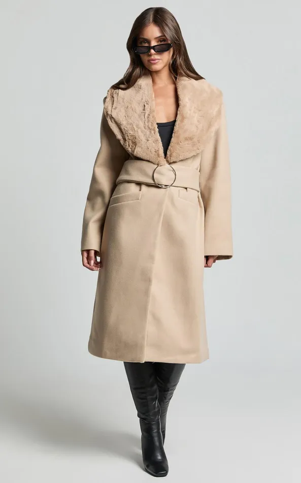 Showpo Lioness 8211 Endless Coat With Fur Trim In Tan Women Jackets and Coats