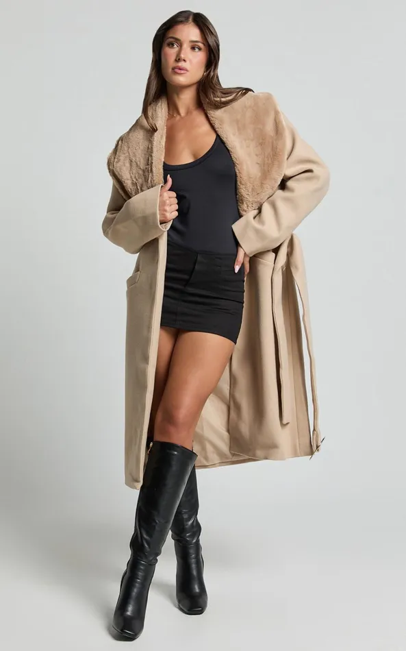 Showpo Lioness 8211 Endless Coat With Fur Trim In Tan Women Jackets and Coats