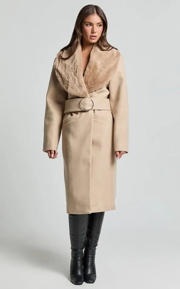 Showpo Lioness 8211 Endless Coat With Fur Trim In Tan Women Jackets and Coats