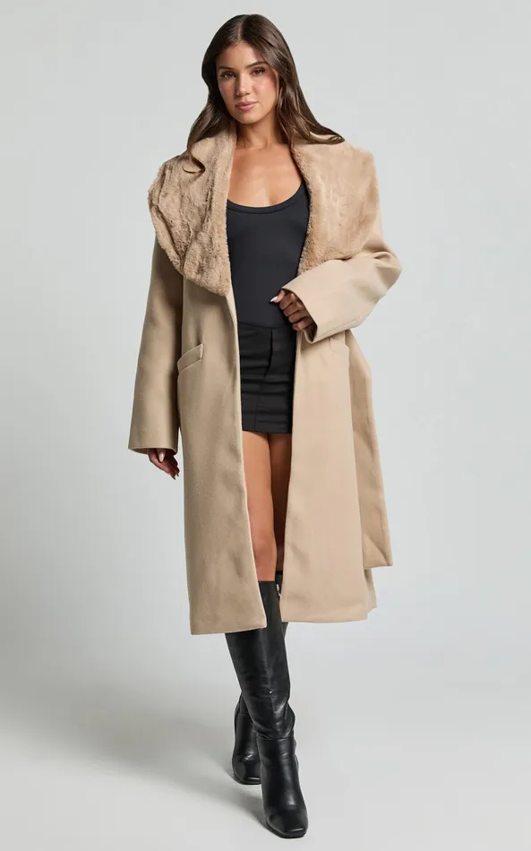 Showpo Lioness 8211 Endless Coat With Fur Trim In Tan Women Jackets and Coats