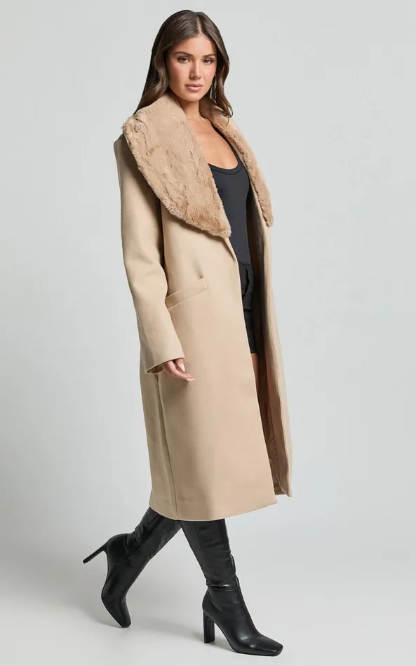 Showpo Lioness 8211 Endless Coat With Fur Trim In Tan Women Jackets and Coats