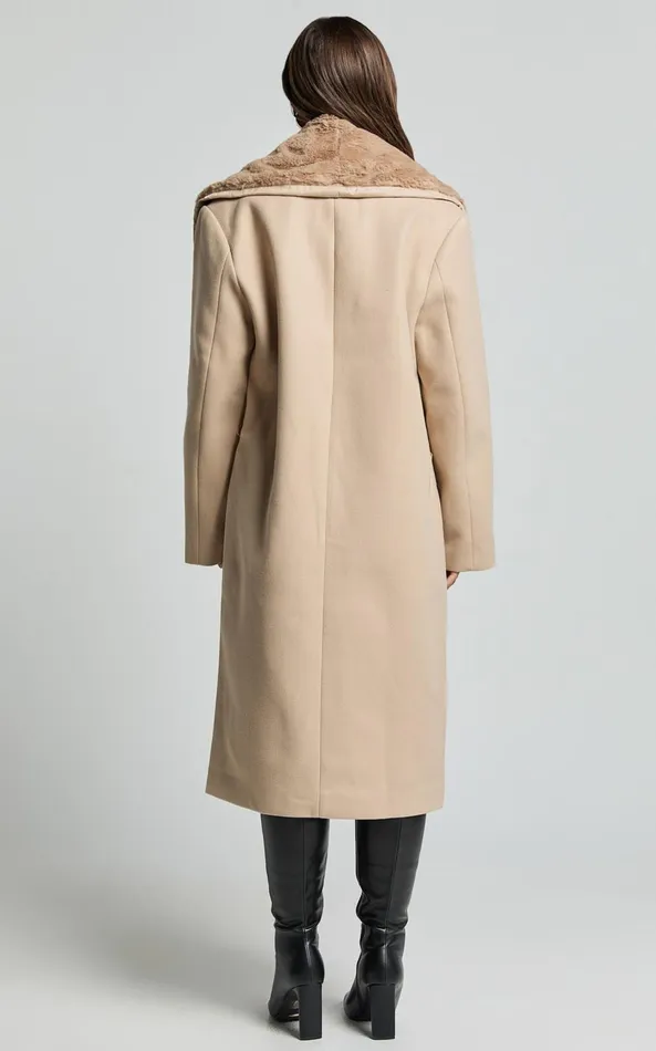 Showpo Lioness 8211 Endless Coat With Fur Trim In Tan Women Jackets and Coats