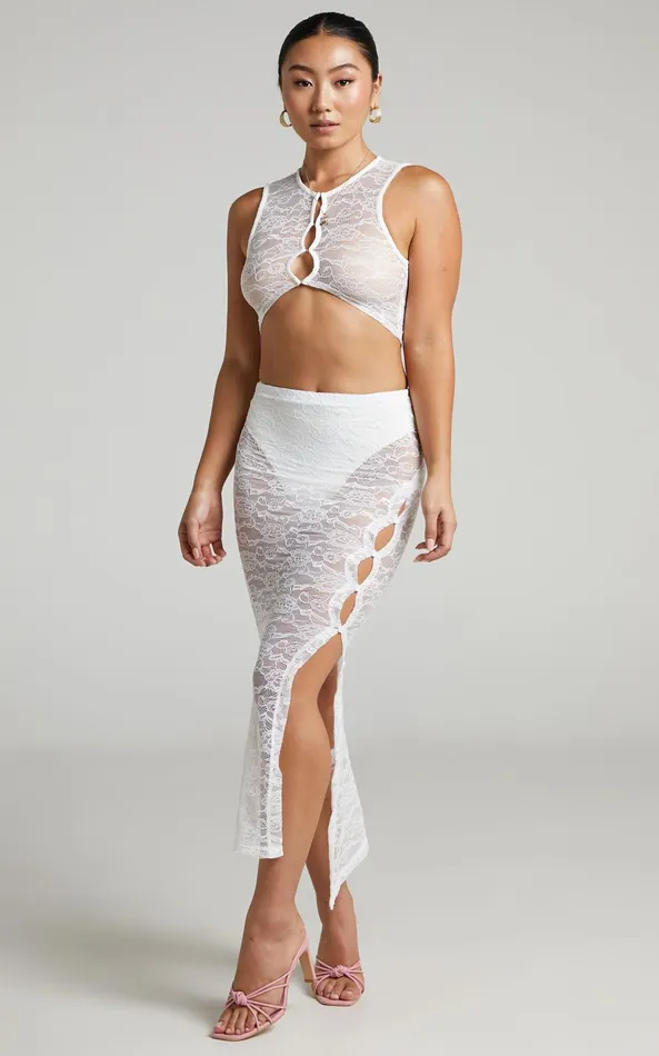 Showpo Lioness 8211 Mayfair Lace Midi Skirt In White Women Skirts