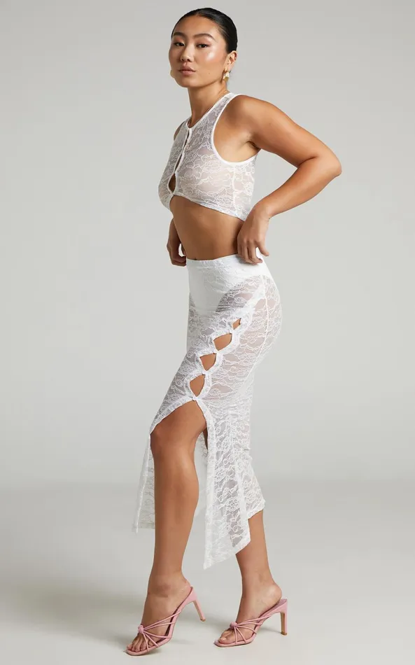 Showpo Lioness 8211 Mayfair Lace Midi Skirt In White Women Skirts