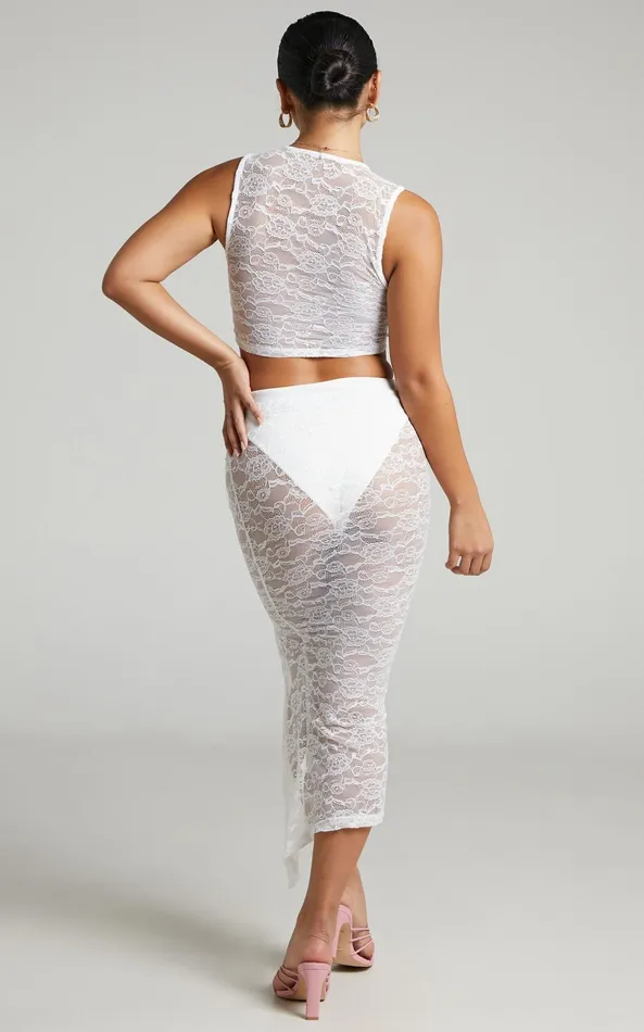 Showpo Lioness 8211 Mayfair Lace Midi Skirt In White Women Skirts