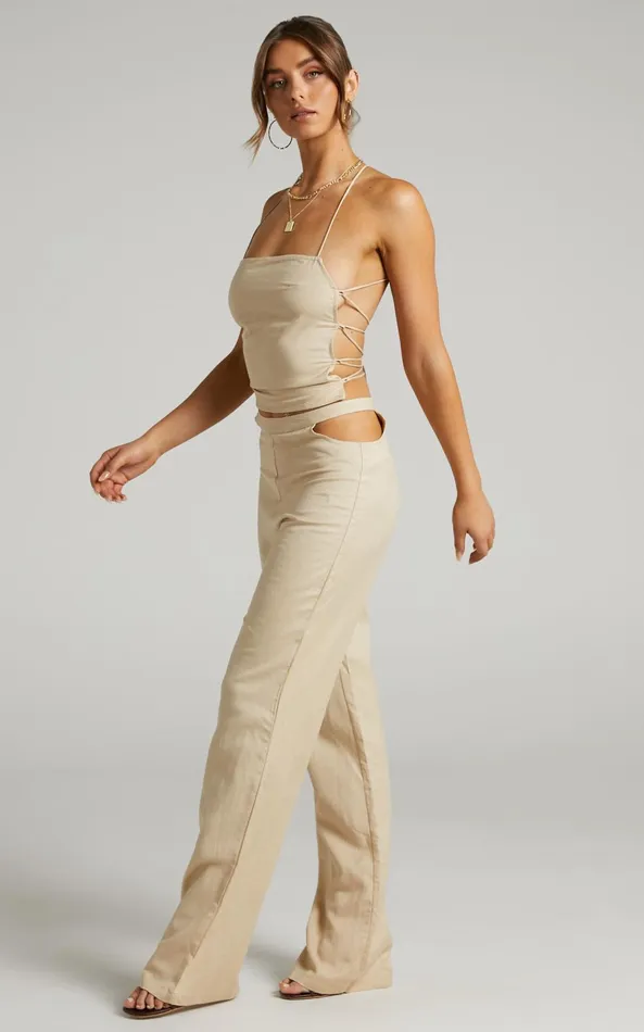 Showpo LIONESS 8211 Mid Rise Giza Cut Out Pant In Wheat Women Pants
