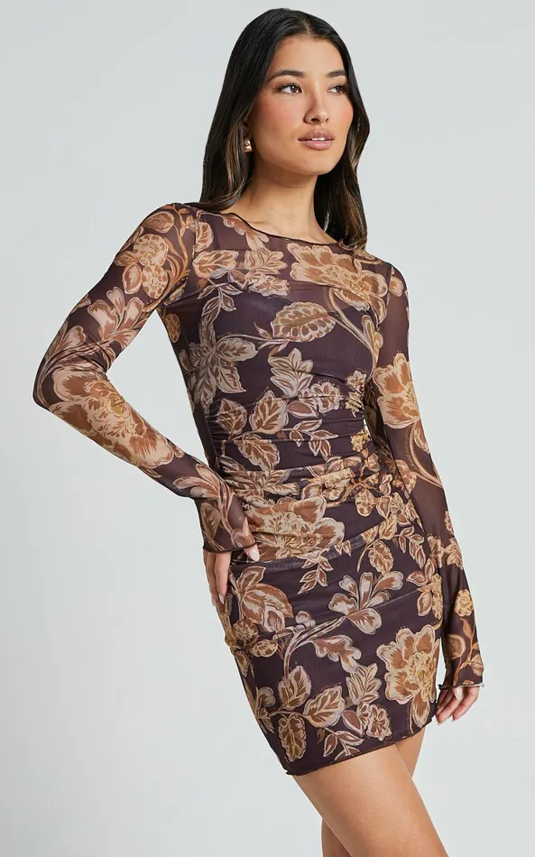Showpo Livi Mini Dress 8211 Long Sleeve Mesh Bodycon Dress In Amber Bloom Print Women Dresses