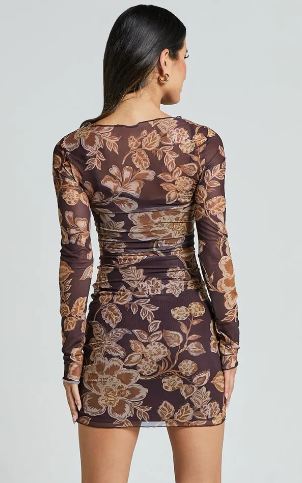 Showpo Livi Mini Dress 8211 Long Sleeve Mesh Bodycon Dress In Amber Bloom Print Women Dresses