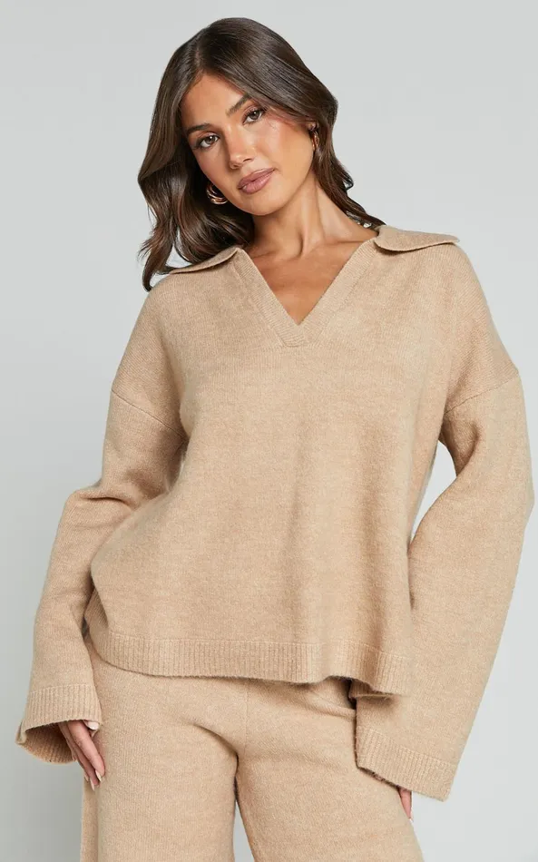 Showpo Livia Jumper 8211 Knitted V Neck Collared Jumper In Beige Marl Women Knitwear Showpo Livia Jumper 8211 Knitted V Neck Collared Jumper In Beige Marl Women Knitwear