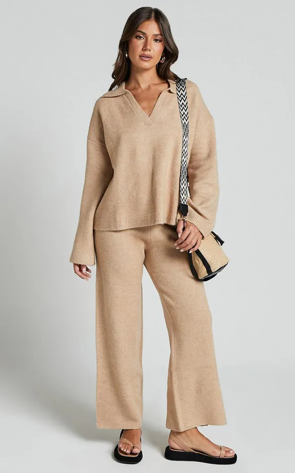 Showpo Livia Jumper 8211 Knitted V Neck Collared Jumper In Beige Marl Women Knitwear