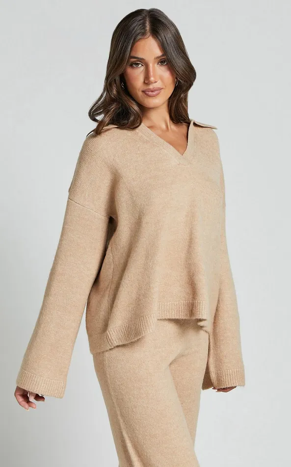 Showpo Livia Jumper 8211 Knitted V Neck Collared Jumper In Beige Marl Women Knitwear