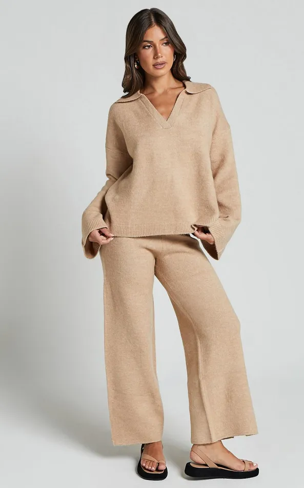 Showpo Livia Jumper 8211 Knitted V Neck Collared Jumper In Beige Marl Women Knitwear