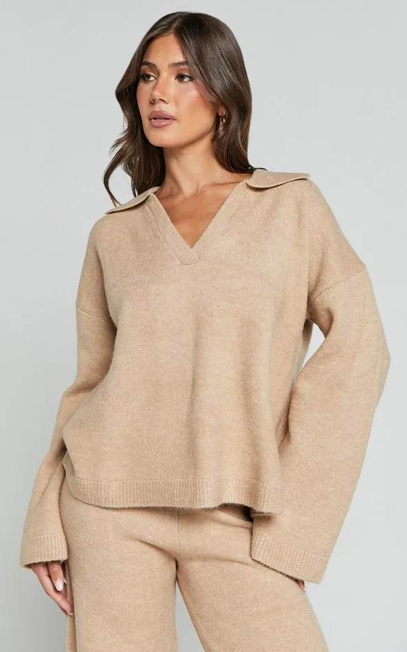 Showpo Livia Jumper 8211 Knitted V Neck Collared Jumper In Beige Marl Women Knitwear
