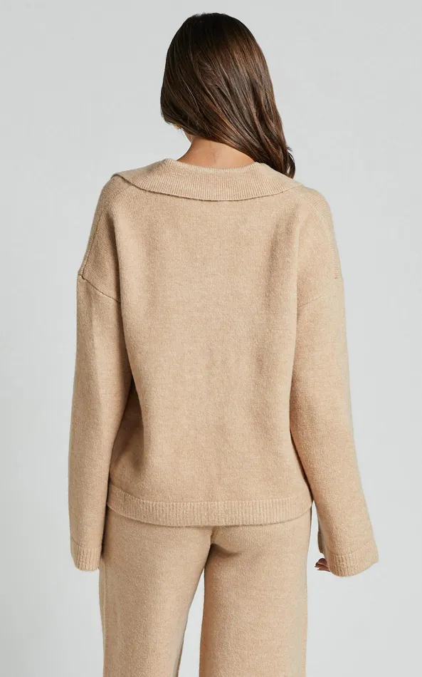 Showpo Livia Jumper 8211 Knitted V Neck Collared Jumper In Beige Marl Women Knitwear