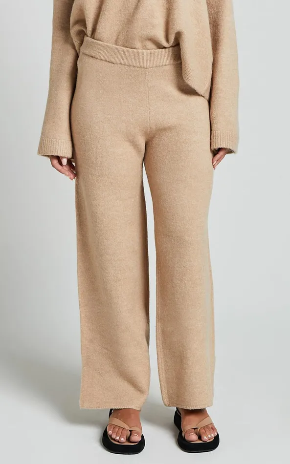 Showpo Livia Pants 8211 Knitted High Waisted Side Split Pants In Beige Marl Women Pants