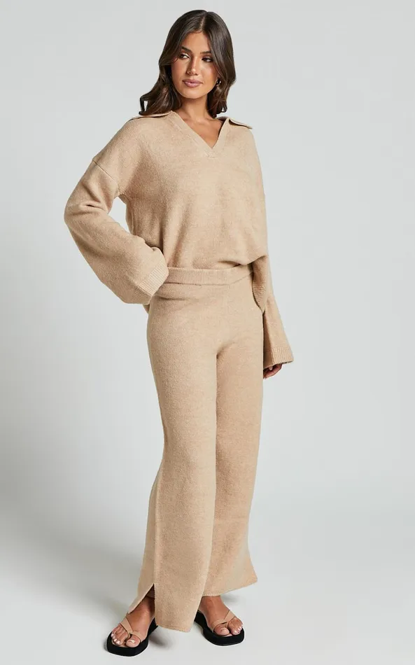 Showpo Livia Pants 8211 Knitted High Waisted Side Split Pants In Beige Marl Women Pants
