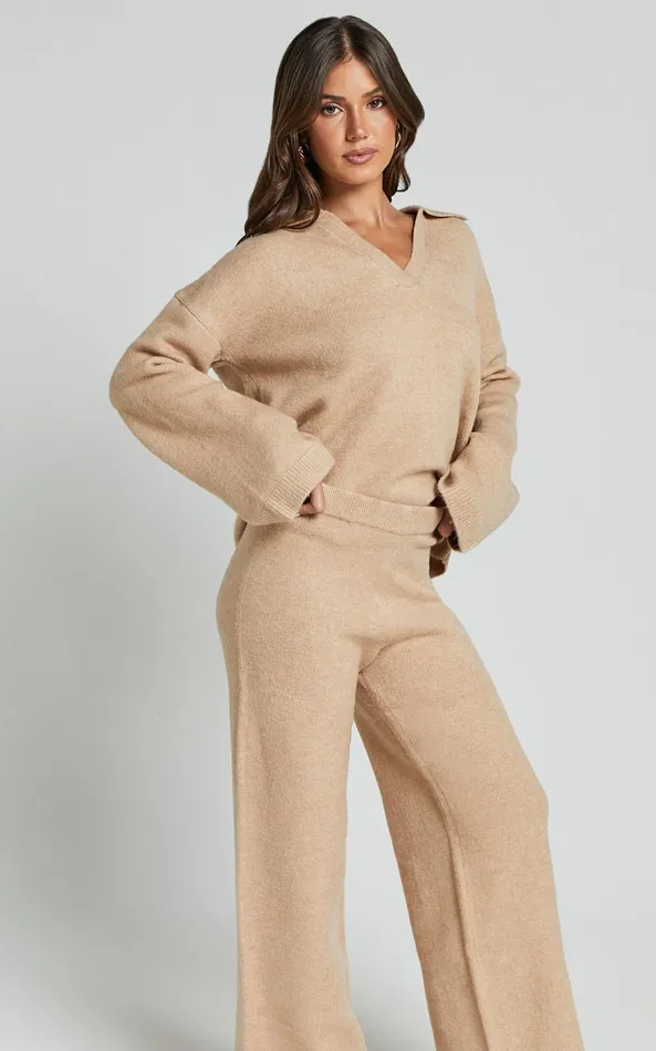 Showpo Livia Pants 8211 Knitted High Waisted Side Split Pants In Beige Marl Women Pants