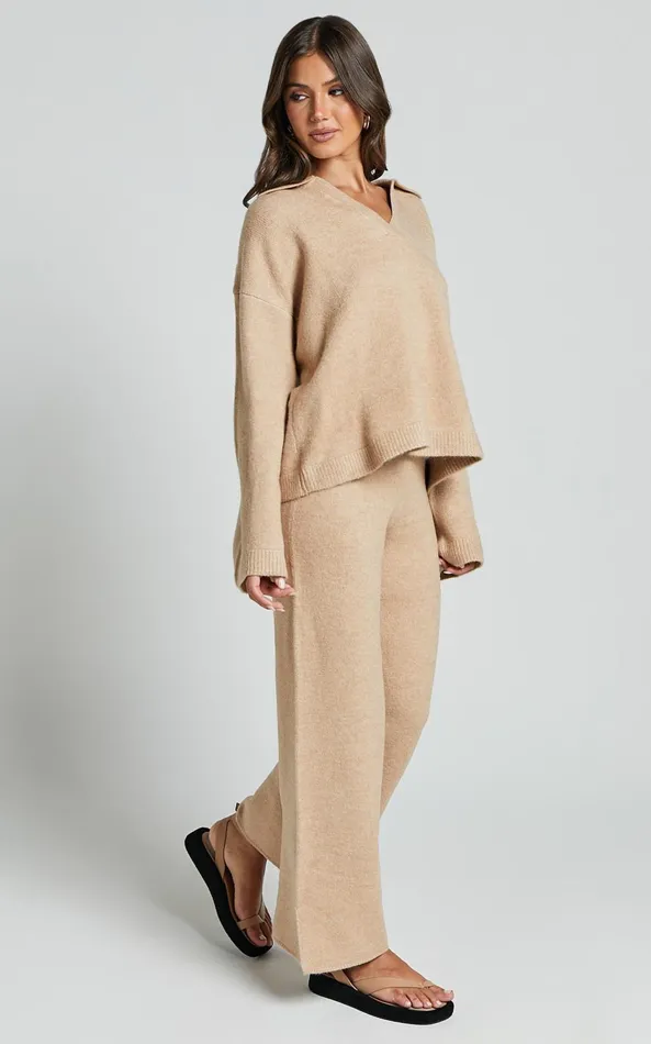 Showpo Livia Pants 8211 Knitted High Waisted Side Split Pants In Beige Marl Women Pants