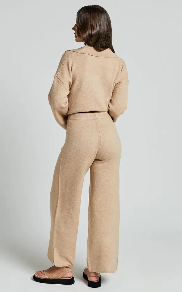 Showpo Livia Pants 8211 Knitted High Waisted Side Split Pants In Beige Marl Women Pants