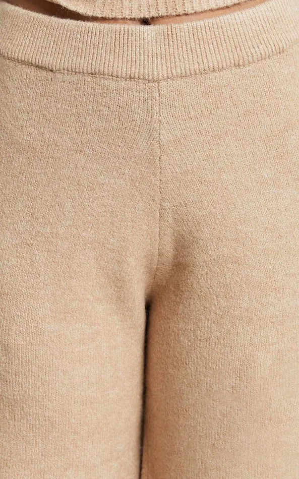 Showpo Livia Pants 8211 Knitted High Waisted Side Split Pants In Beige Marl Women Pants